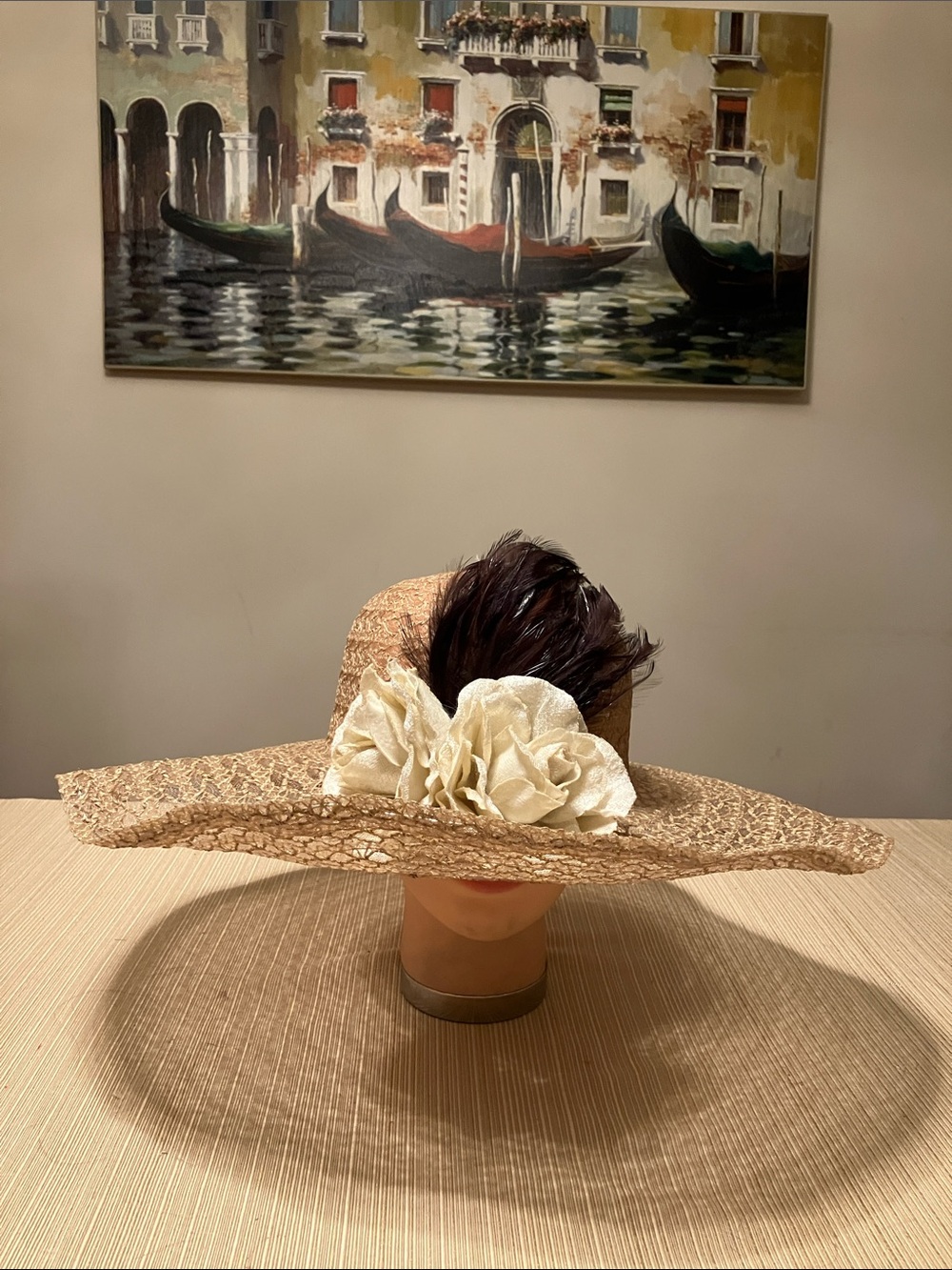 Chic Beige Lace Like Hat with Cream Velvet Flower and Brown Feather Accent